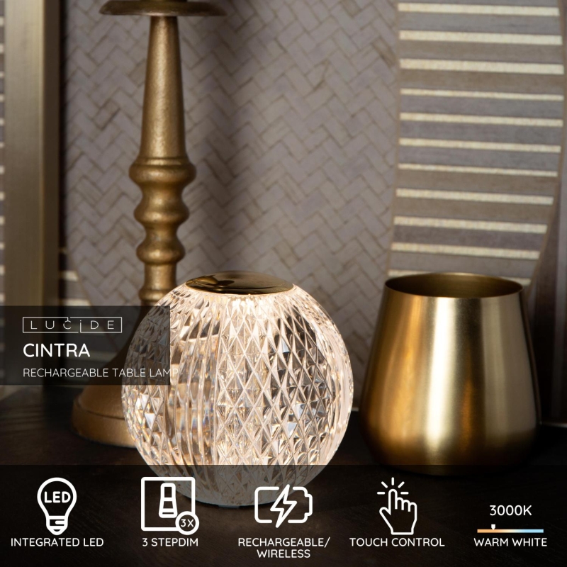 Lucide CINTRA - Nabíjacia Stolná lampa - Batéria - Ø 9 cm - LED Rozm. - 1x1,5W 3000K - 3 StepDim - Transparent